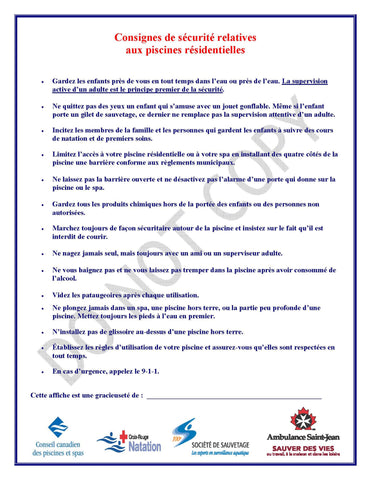 AFFICHE – Consignes de sécurité relatives aux piscines résidentielles